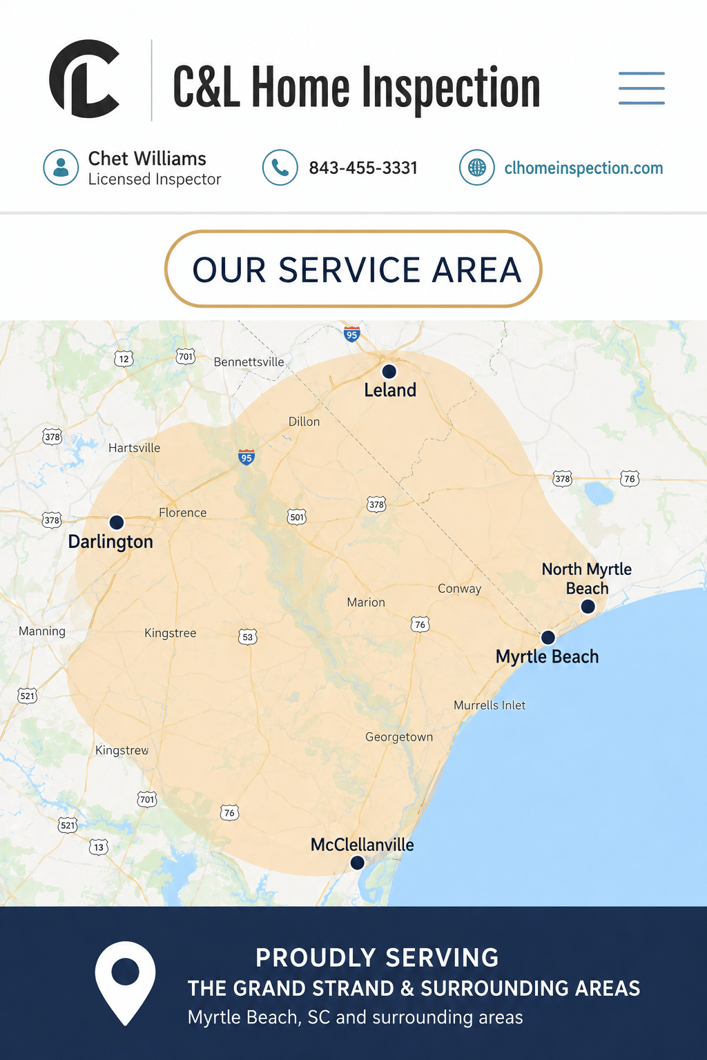 C&L Home Inspection Service Area Map - Grand Strand and Surrounding Areas